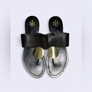 Tory Burch Black and Gold Slide Sandals
